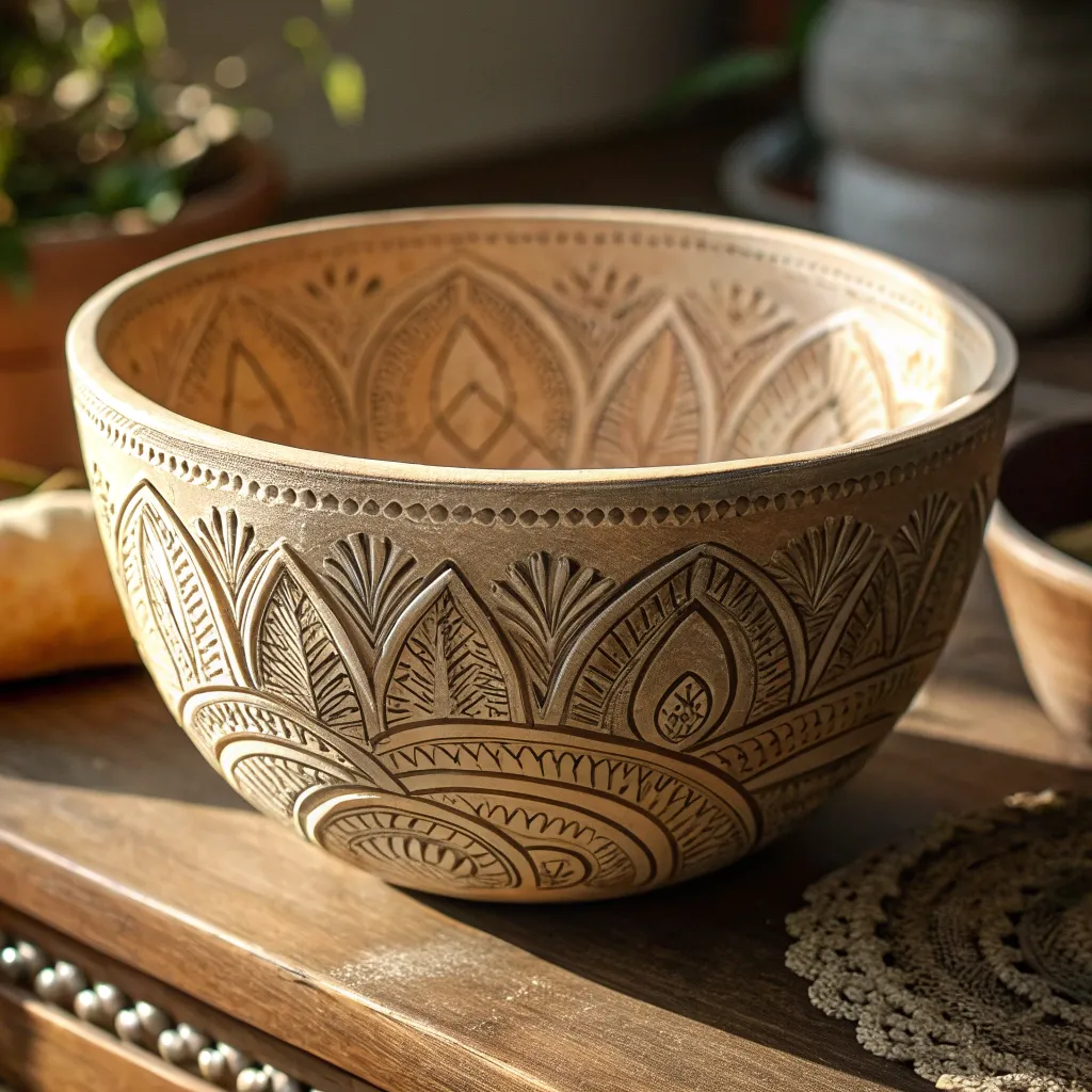 A unique pottery bowl created with intricate designs